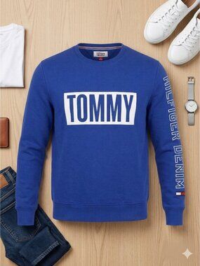 Tommy Hilfiger Denim Men’s Crewneck Sweatshirt Blue White Logo Size M EUC